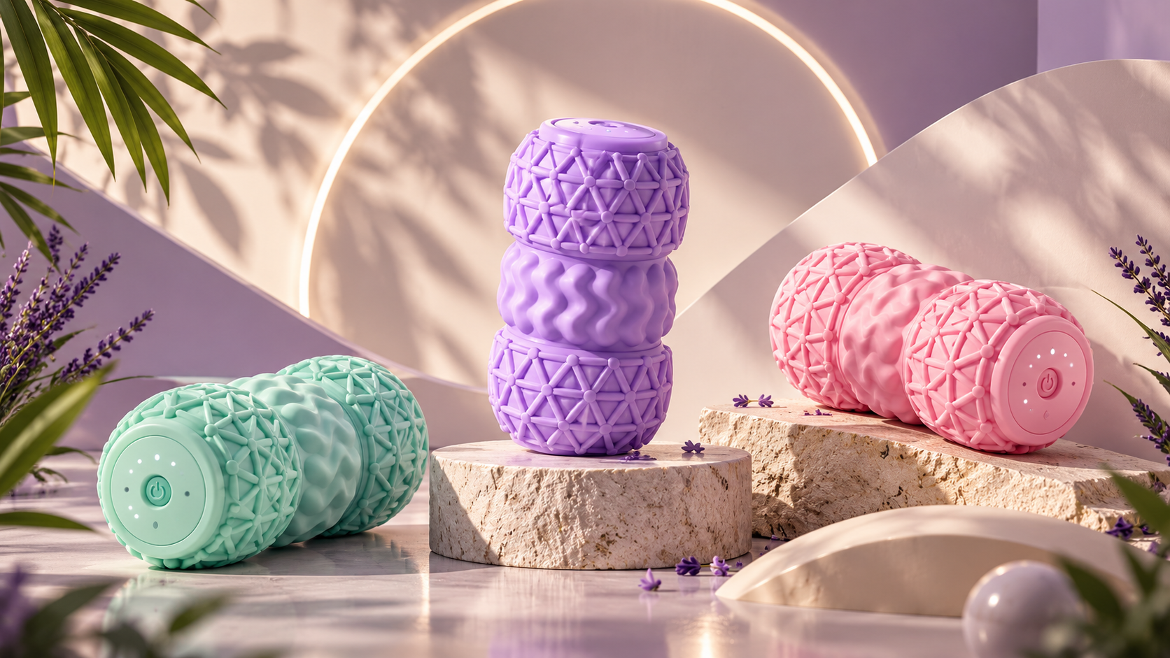 WOHLCARE ROLL in Lila, Rosa und Mint auf hellen Podesten